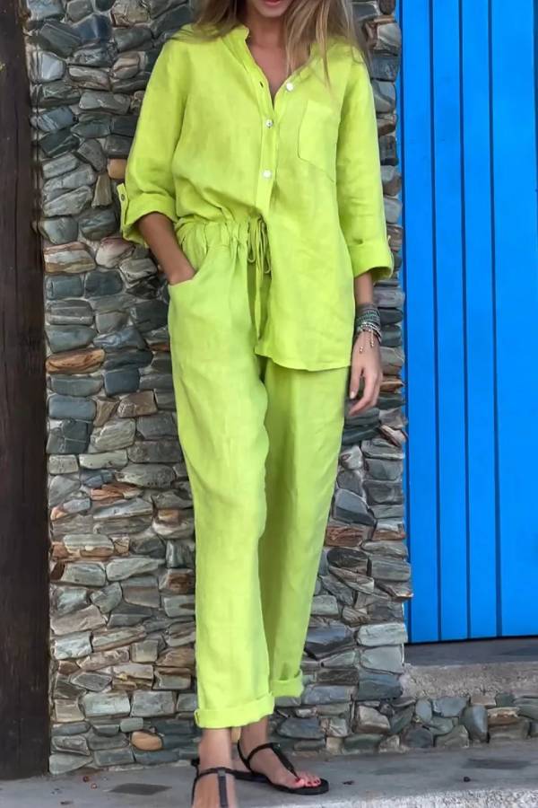 Conjunto informal de dos piezas de algodón y lino con cuello en V, camisa y pantalón de color liso 