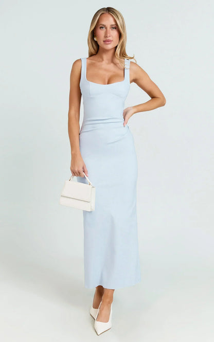 Benita Midi Dress - Scoop Neck Ruched Fitted Dress in Blue
