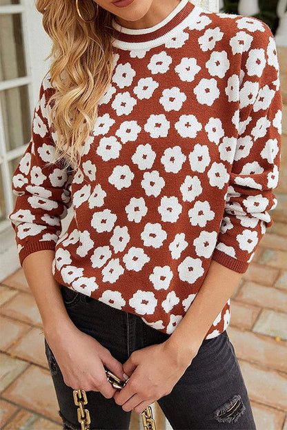 Suéter de punto con estampado floral y cuello alto, suéter ligero con bloques de color