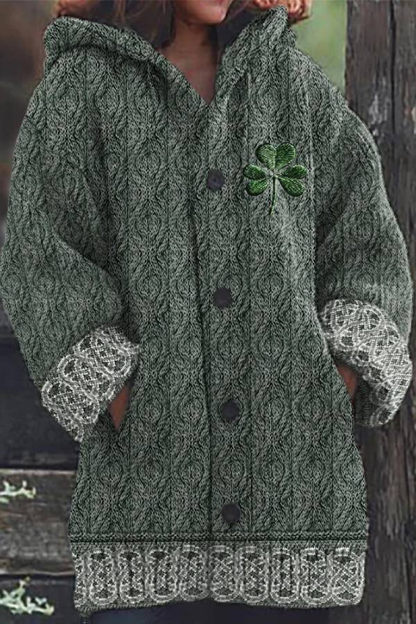 Suéter con capucha de jacquard con nudo celta irlandés para mujer
