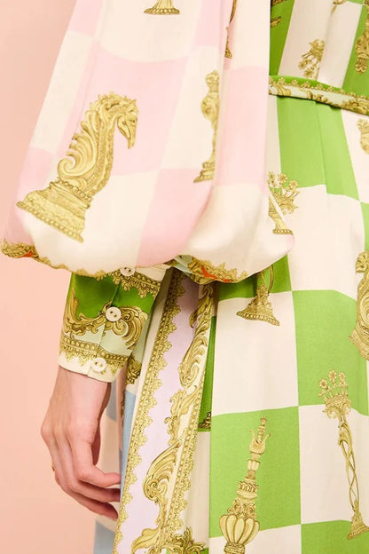 Vestido camisero largo con cinturón y mangas abullonadas con estampado único de satén para fiesta en el jardín