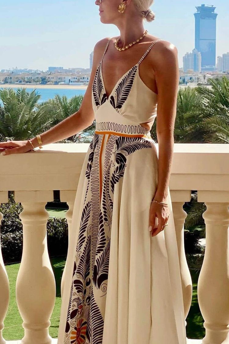 Vestido largo clásico de lino con estampado único, sexy, escote en V y lazo en la cintura