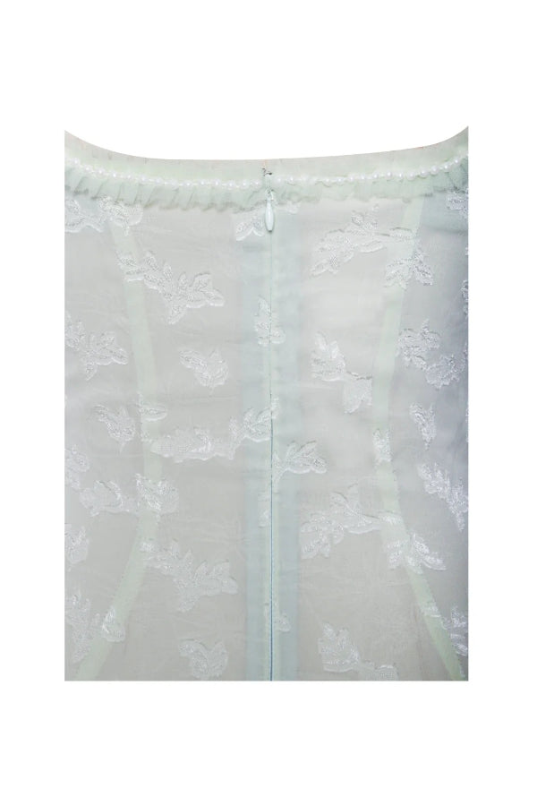 Vestido largo Ulissa verde claro con escote cuadrado, textura jacquard y abertura alta