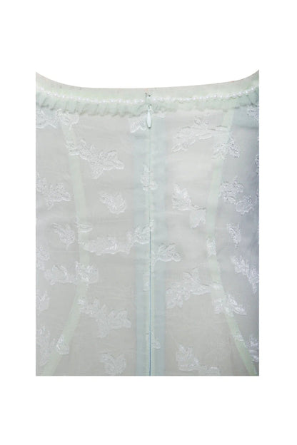 Vestido largo Ulissa verde claro con escote cuadrado, textura jacquard y abertura alta