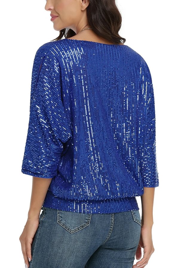 Top casual holgado de cuello redondo con lentejuelas de color liso