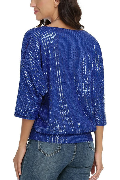 Top casual holgado de cuello redondo con lentejuelas de color liso