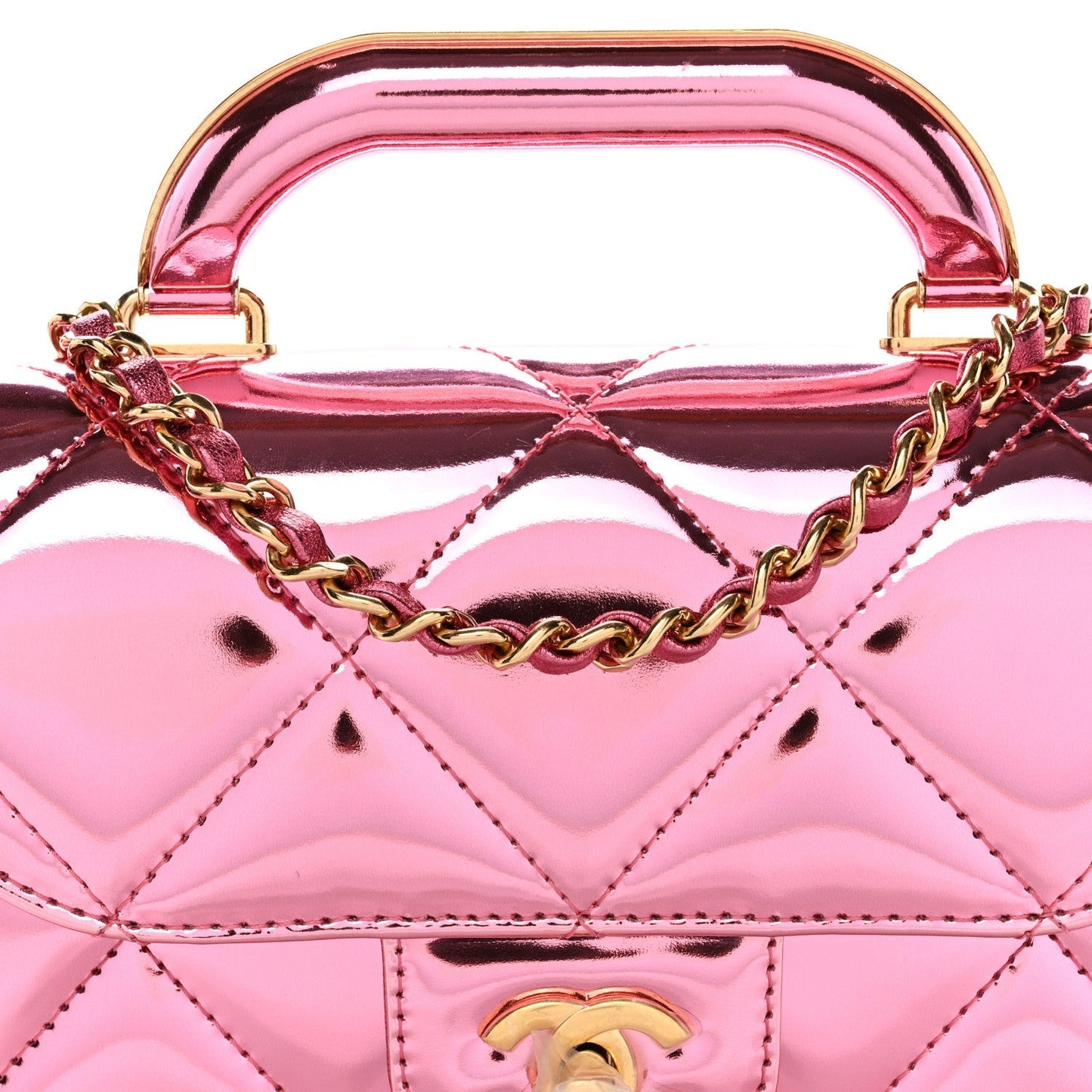 Mirror Metallic Calfskin Quilted Mini Top Handle Flap Pink