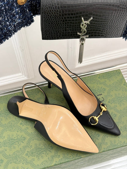 GG Horsebit Slingback 85MM Black Leather Point Toe