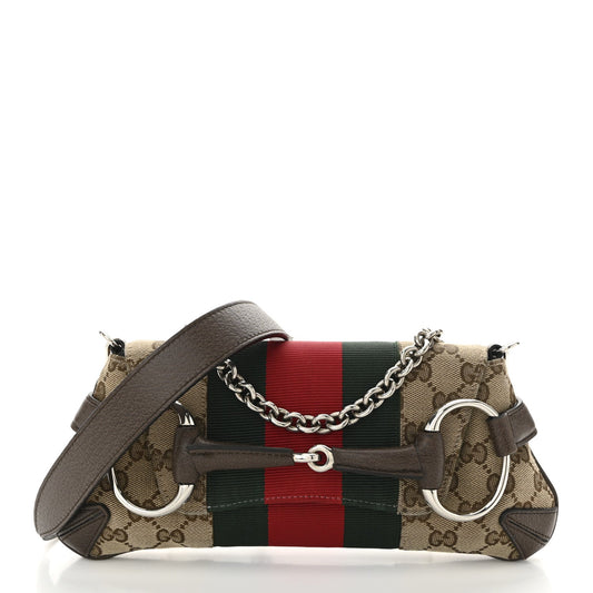 Monogram Textured Dollar Calfskin Heavy Grosgrain Web Medium Maxi Horsebit Chain Shoulder Bag Beige Ebony New Acero