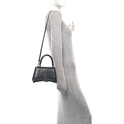 Shiny Calfskin Crocodile Embossed Small Hourglass Top Handle Bag Dark Grey