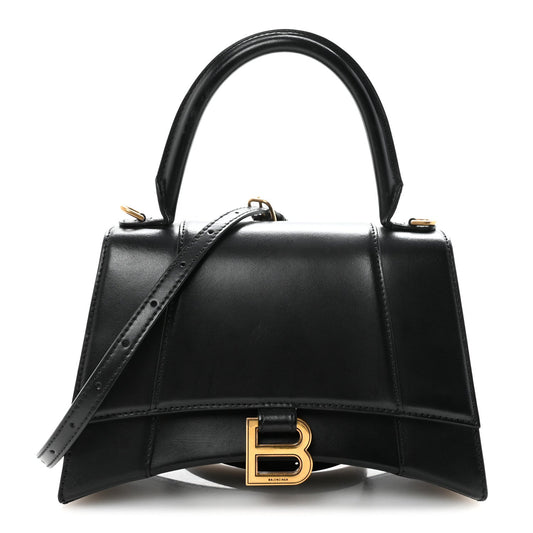 Shiny Box Calfskin Small Hourglass Top Handle Bag Black