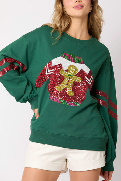 Sudadera informal de cuello redondo con lentejuelas navideñas