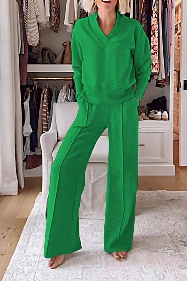 Conjunto de top de cuello en V y pantalones de estar por casa con bolsillos y cintura elástica de color liso para el frío 