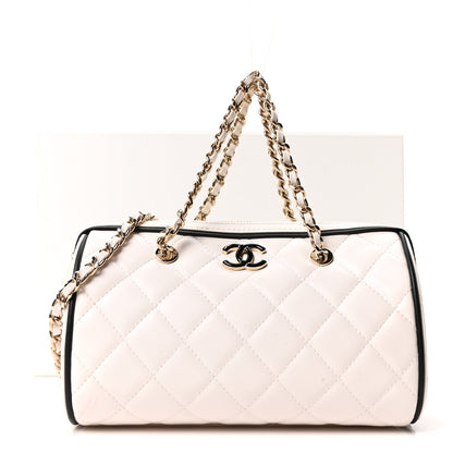 Lambskin Quilted Barrel Clutch With Chain White