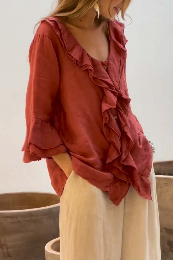 Tops casuales de algodón y lino con cuello con volantes para mujer