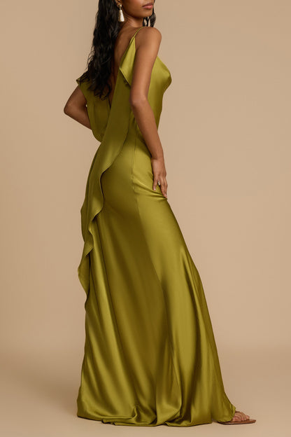 Vestido largo de satén con detalle de volantes y espalda descubierta de Paula 