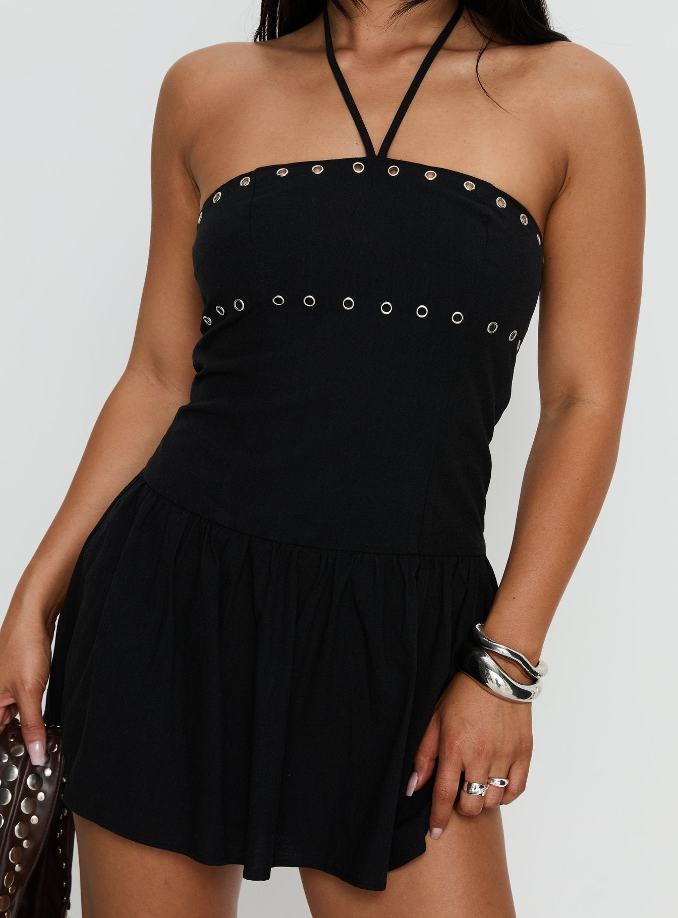 Nidia Eyelet Tie Neck Playsuit Black