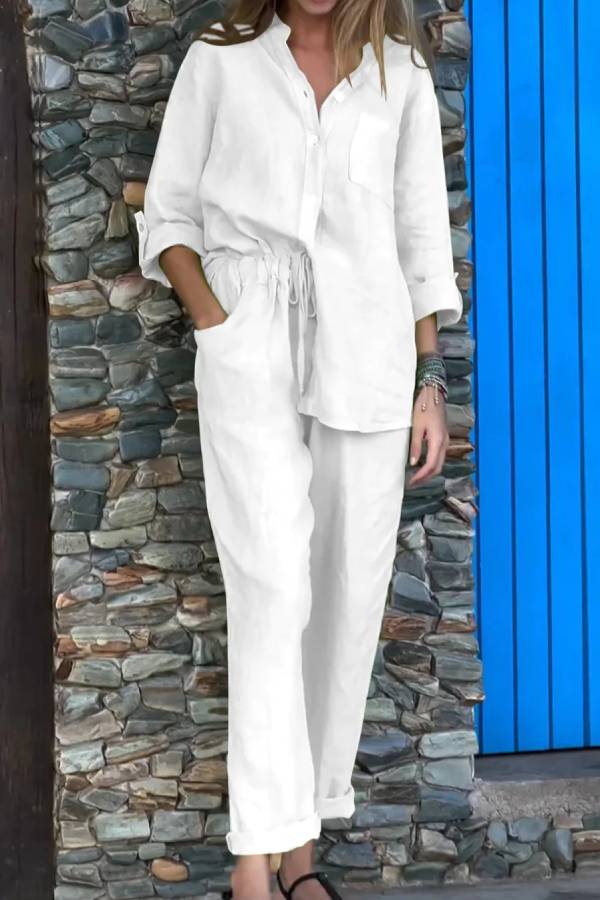 Conjunto informal de dos piezas de algodón y lino con cuello en V, camisa y pantalón de color liso 