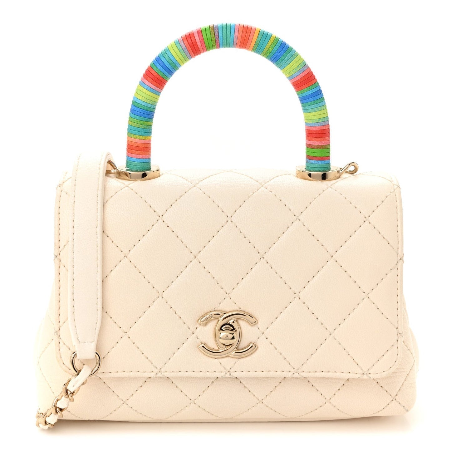 Goatskin Quilted Extra Mini Rainbow Coco Handle Flap White