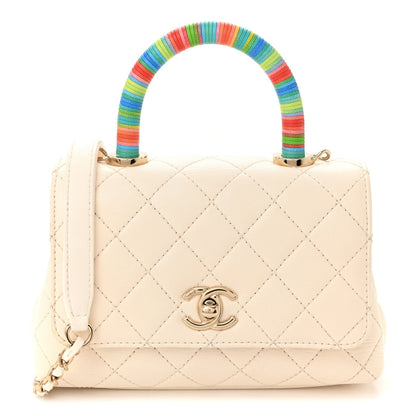 Goatskin Quilted Extra Mini Rainbow Coco Handle Flap White
