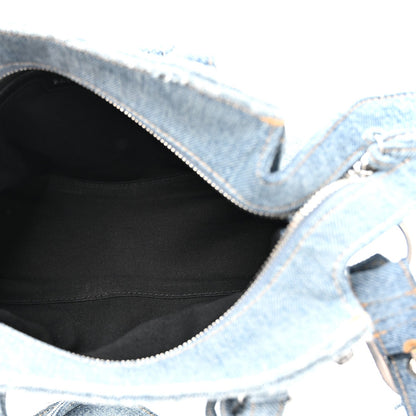 Washed Frayed Denim Crystal Neo Cagole Handbag XS Blue