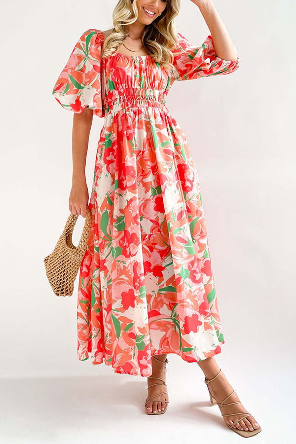 Elegante vestido largo con cuello cuadrado y mangas abullonadas estampadas 