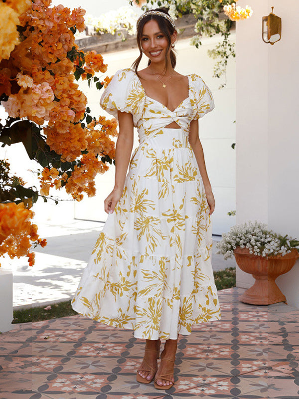 Floral Dress Maxi Dresses Floral Print Short Sleeves Strapless Casual Open Shoulder Strapless Cut Out No Open Seam Long Summer