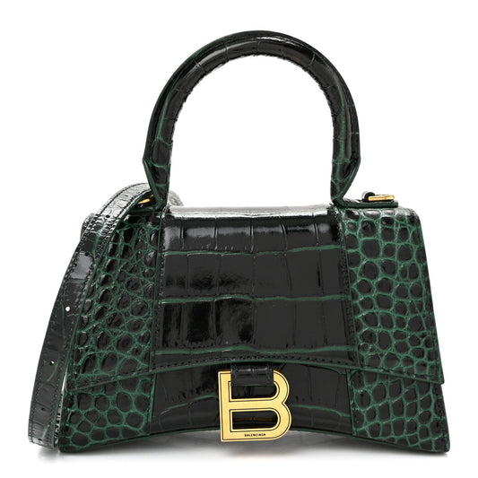 Shiny Calfskin Crocodile Embossed Hourglass Top Handle Bag XS Forest Green