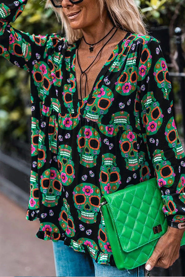 Blusa babydoll negra con calavera y flores para Halloween