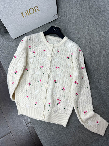 CD Cardigan Small Floral Embroidery Ivory Wool 349481
