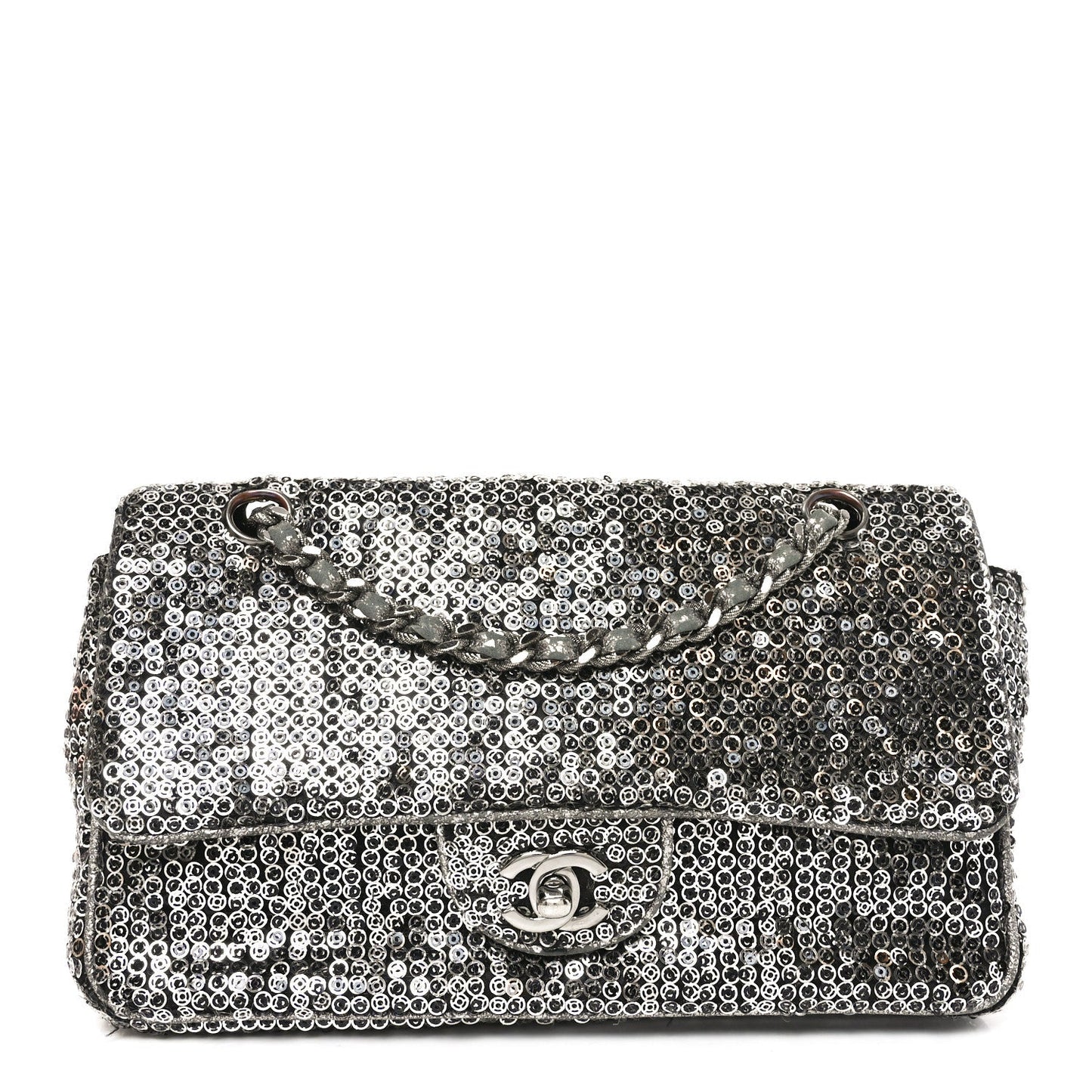 Sequin Medium Single Flap Dark Silver