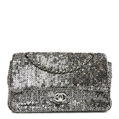 Sequin Medium Single Flap Dark Silver