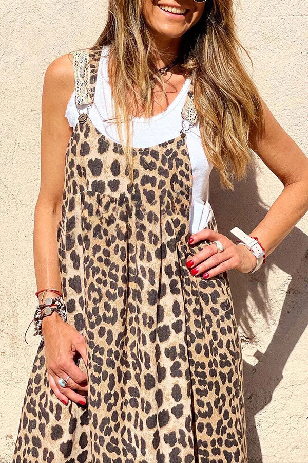 Vestido largo con tirantes y patchwork con estampado de leopardo