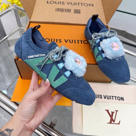 LV Sneakerina Dark Blue Mint Green Suede Fur 579933