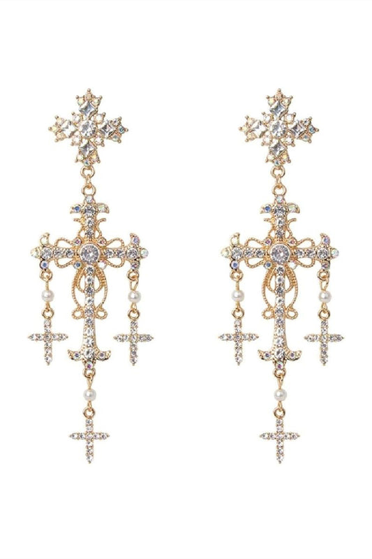 Pendientes colgantes de cruz con diamantes de imitación barrocos 