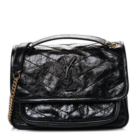Crinkled Calfskin Matelasse Monogram Baby Niki Chain Satchel Black