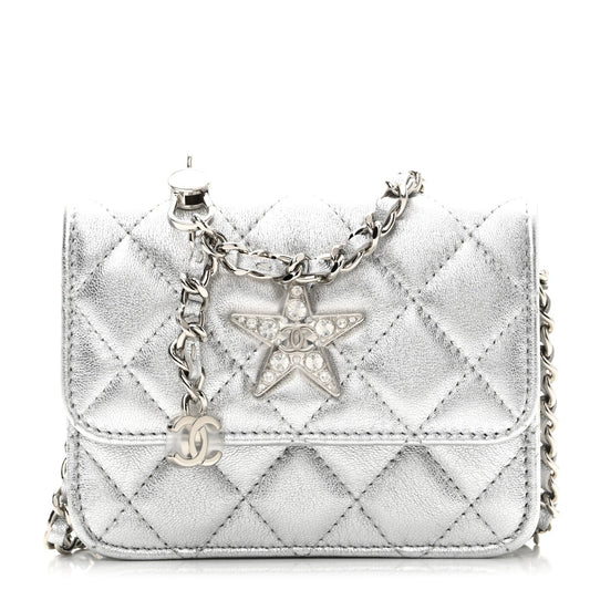 Metallic Lambskin Crystal Quilted Star Chain Belt Bag Silver