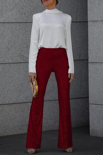 Pantalones acampanados de cintura elástica y tiro alto con lentejuelas de terciopelo Diva