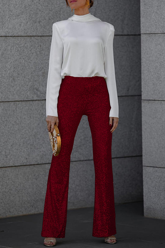 Pantalones acampanados de cintura elástica y tiro alto con lentejuelas de terciopelo Diva
