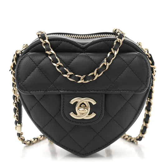 Lambskin Quilted CC In Love Heart Clutch With Chain  Black