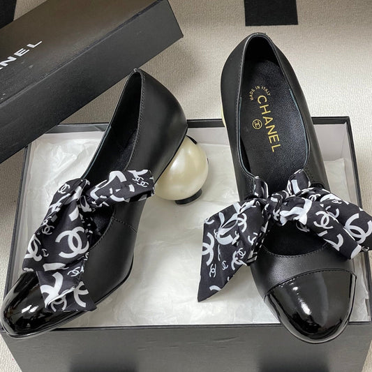 CC 26 Double C Pearl Heel Pump With Silk Ribbon Black Sheepskin 593158