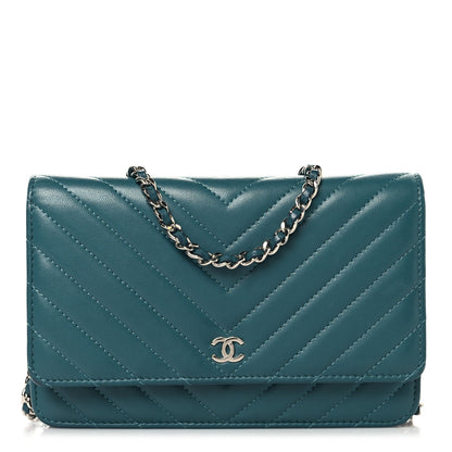 Lambskin Chevron Quilted Wallet On Chain WOC Turquoise
