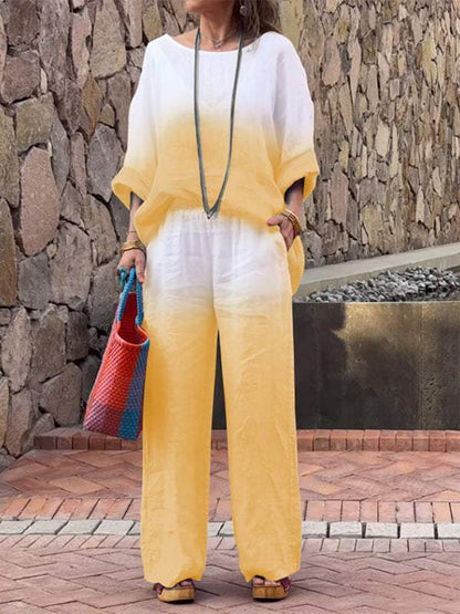 Conjunto de dos piezas de algodón y lino degradado para mujer 