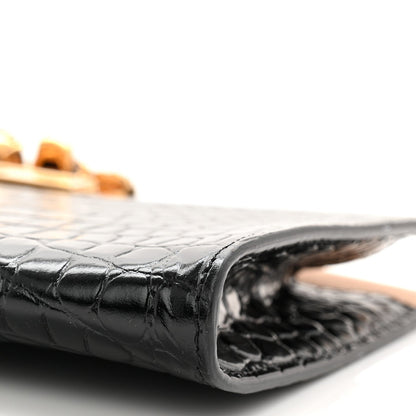 Calfskin Crocodile Embossed Knuckle Flat Clutch Black Gold