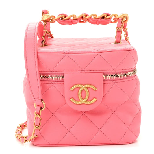 Calfskin Quilted Small Vanity Case With Chain Coral Pink