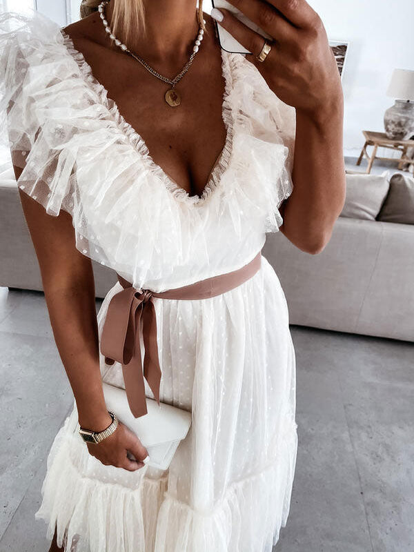 Lace Dresses White V-Neck Sleeveless Asymmetrical Ruffles Lace Up Casual Maxi Dresses
