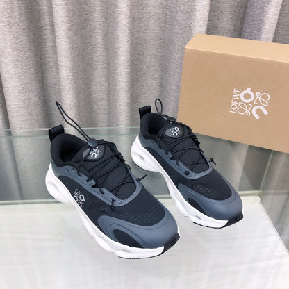 Loewe x on Angpao Couple Running Sneakers Black Gray White Nylon Calfskin 597421