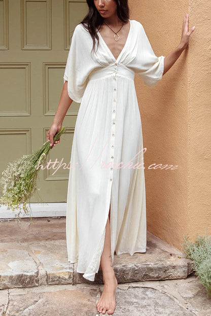 Solid V-neck High Waisted Single Breasted Ultra Maxi Dress