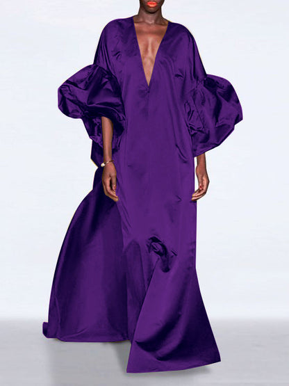 Loose Puff Sleeves Solid Color V-Neck Maxi Dresses