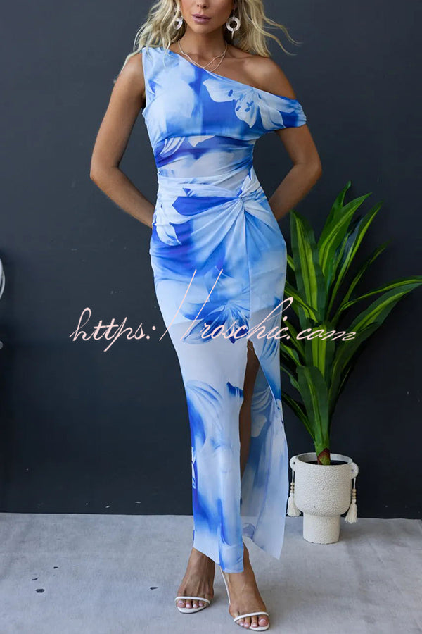Escala Mesh Overlay Floral Print One Shoulder Cross Detail Slit Stretch Maxi Dress
